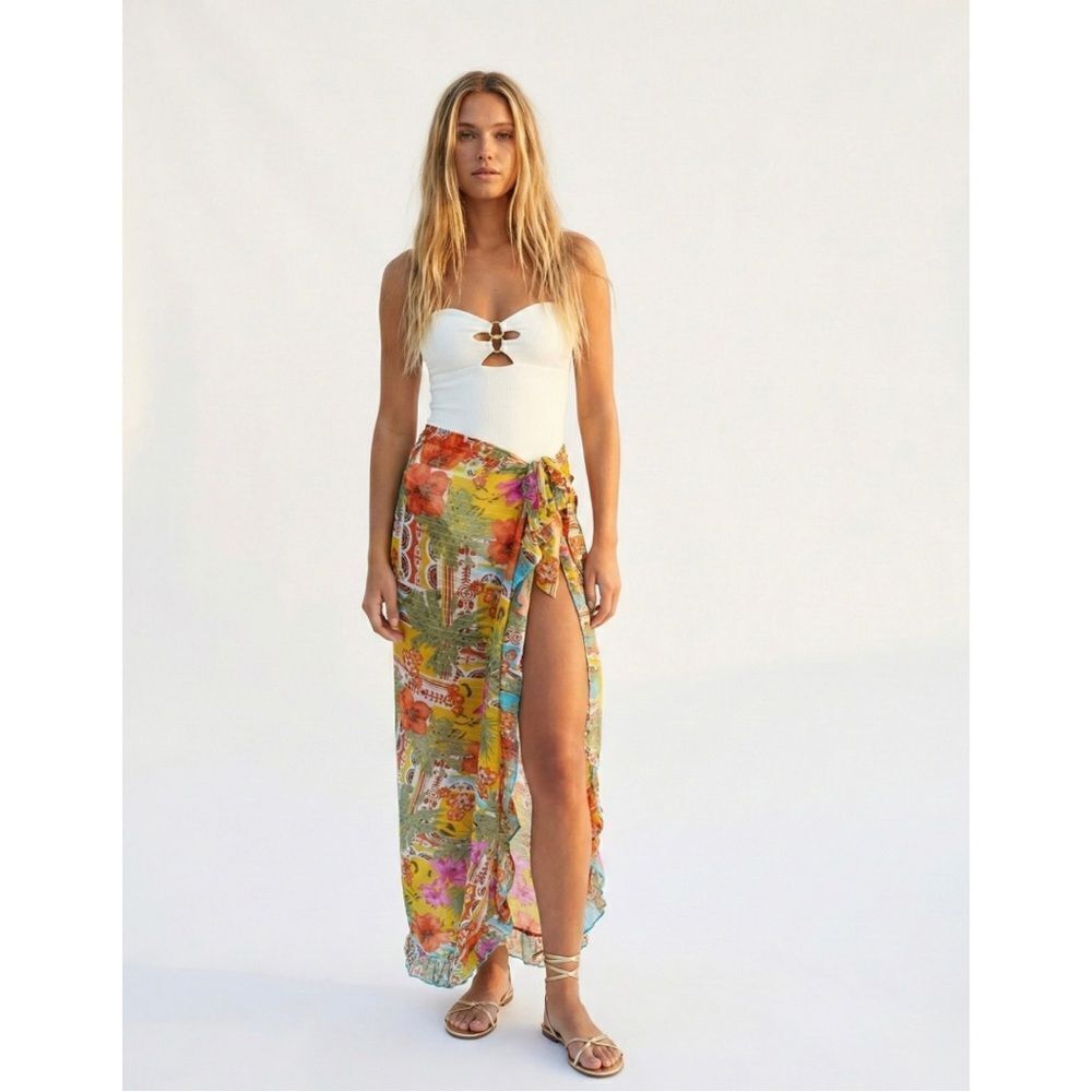 America & Beyond Tropical Ruffle Maxi Skirt S NWT Sarong Cover-Up Boho Festival - Picture 1 of 7